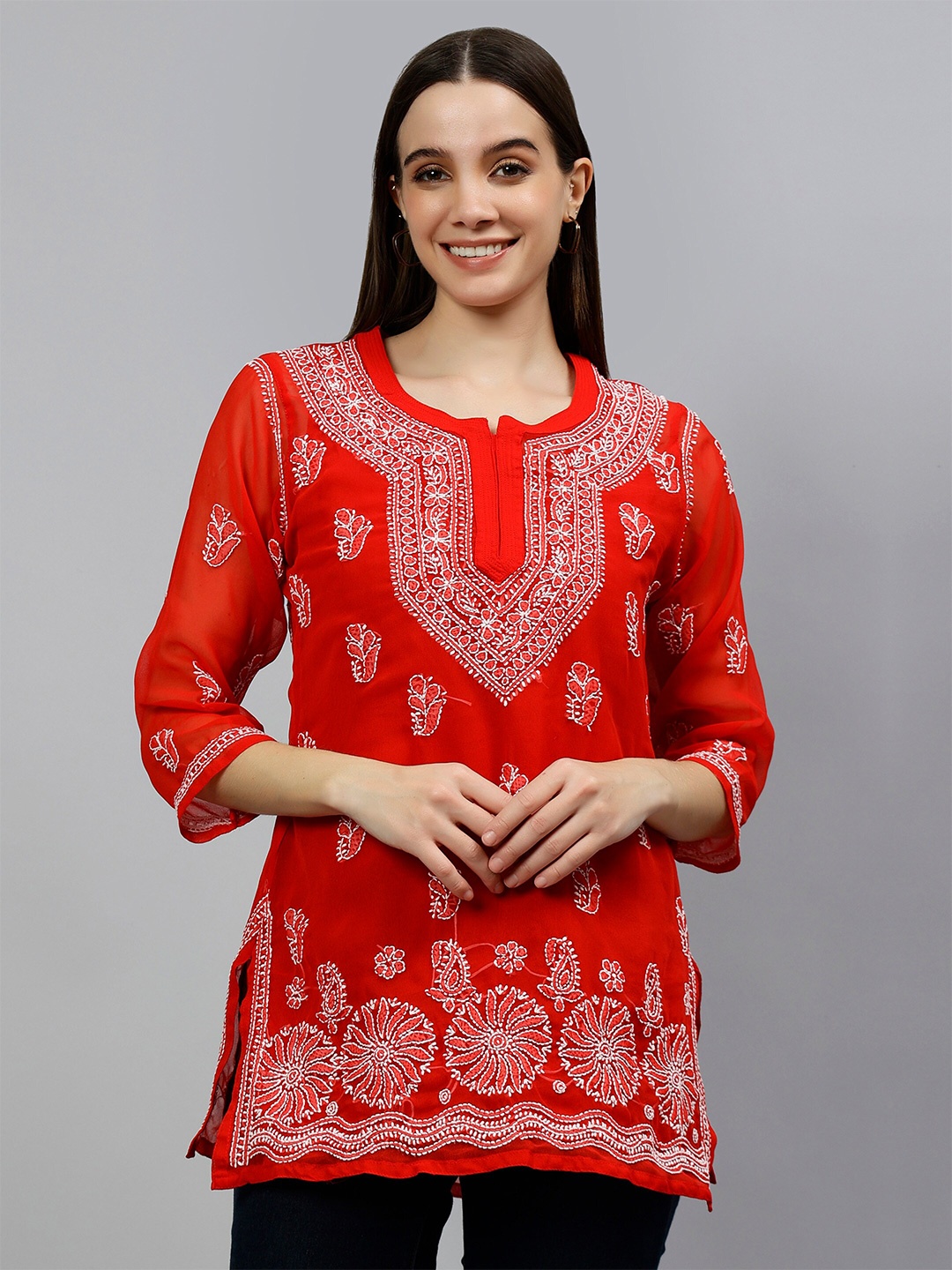 

Seva Chikan Ethnic Motifs Embroidered Lucknowi Chikankari Straight Kurti, Red