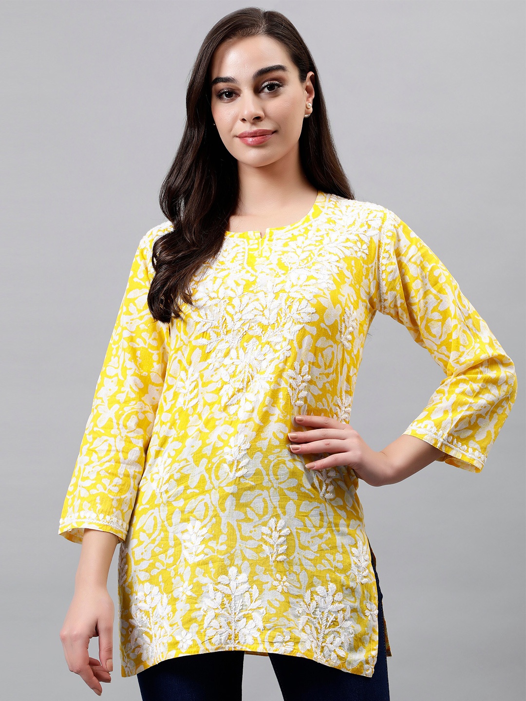 

Seva Chikan Floral Printed Lucknowi Chikankari Straight Kurti, Yellow