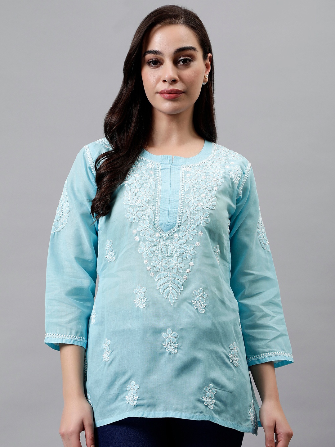 

Seva Chikan Lucknowi Chikankari Terivoil Cotton Straight Kurti, Blue