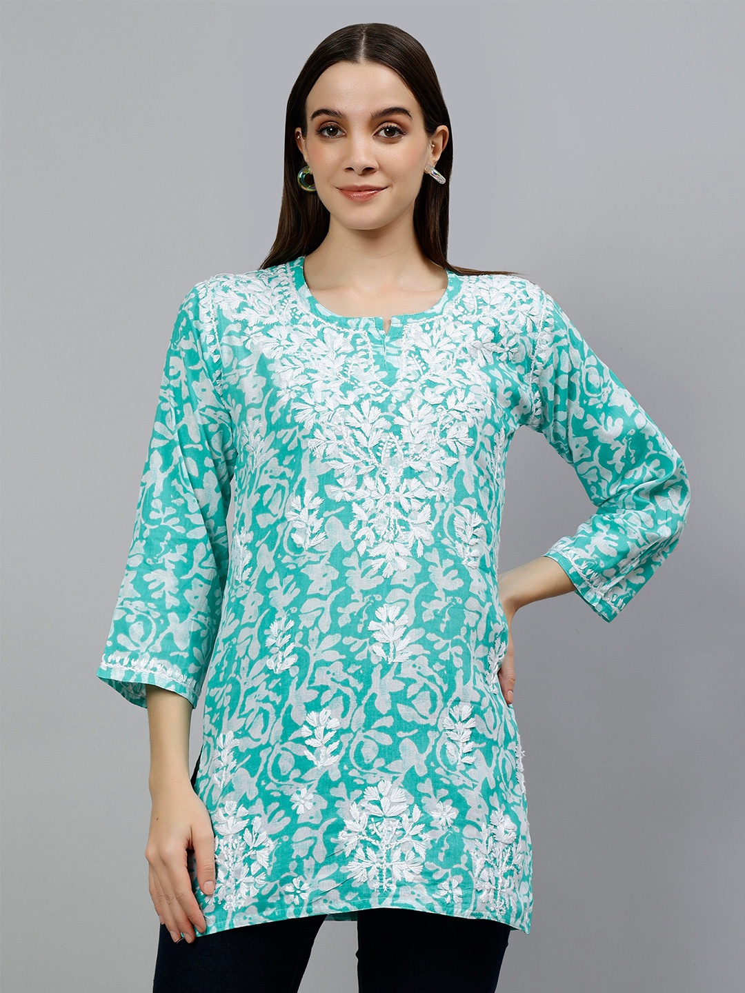 

Seva Chikan Floral Printed Lucknowi Chikankari Straight Kurti, Sea green