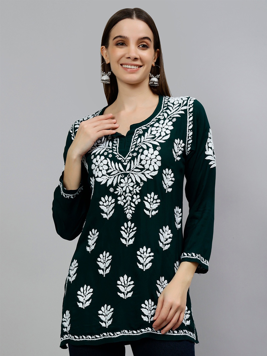 

Seva Chikan Floral Embroidered Lucknowi Chikankari Straight Modal Kurti, Green