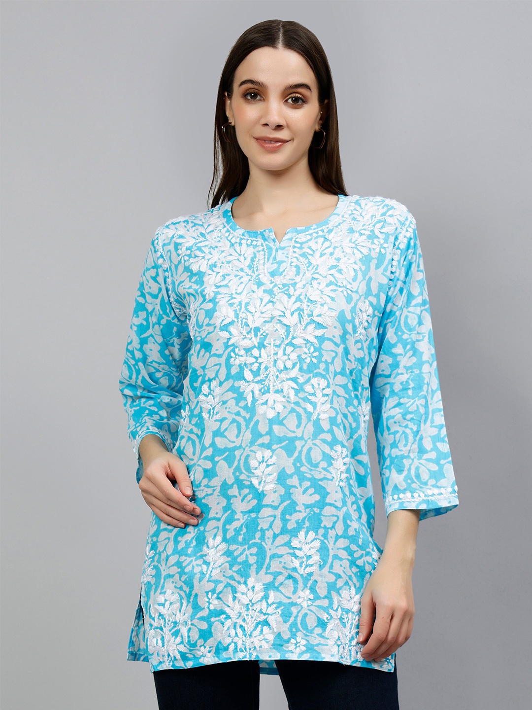 

Seva Chikan Floral Printed Lucknowi Chikankari Straight Kurti, Blue