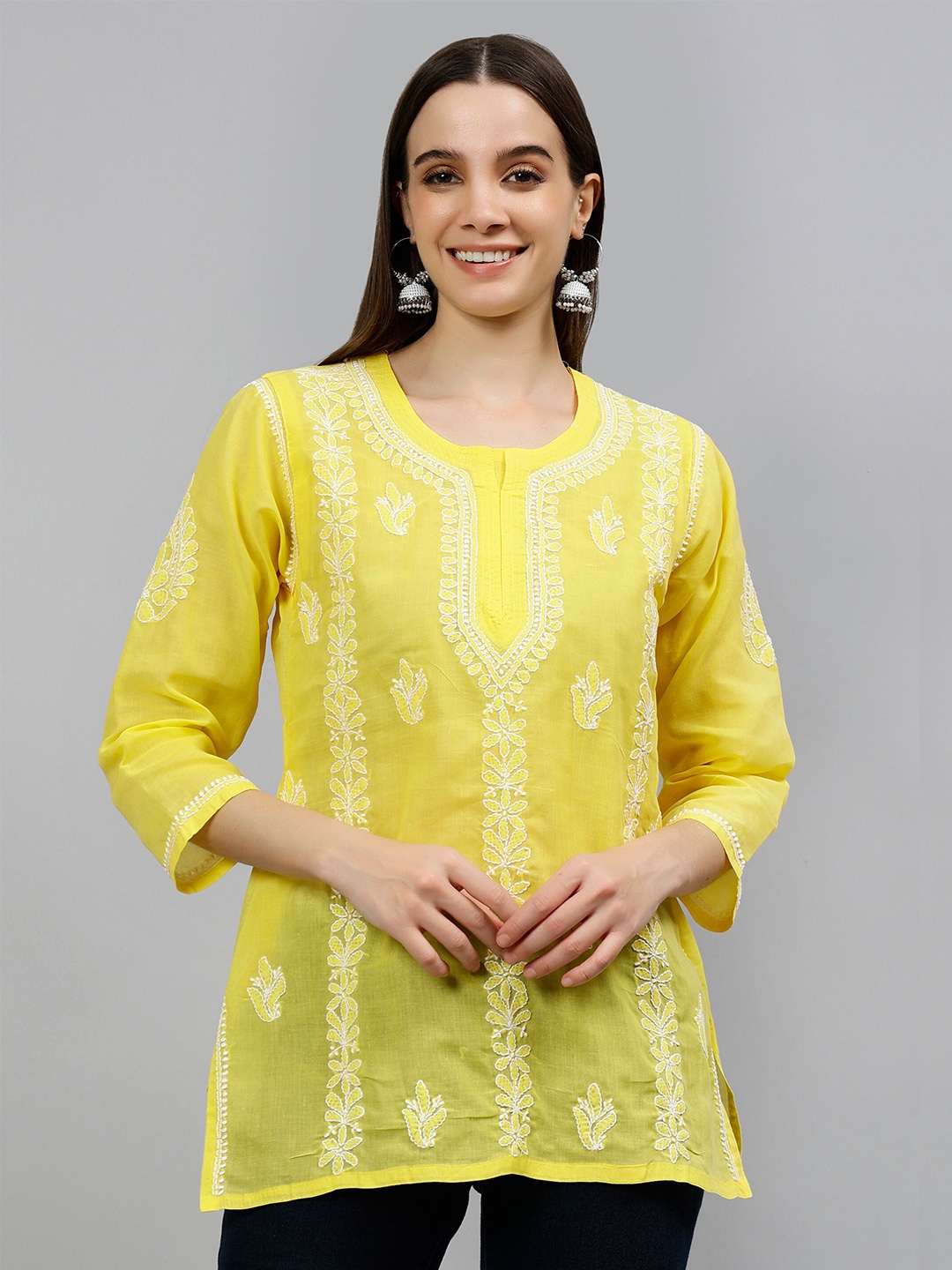 

Seva Chikan Ethnic Motifs Embroidered Lucknowi Chikankari Voile Straight Kurti, Yellow