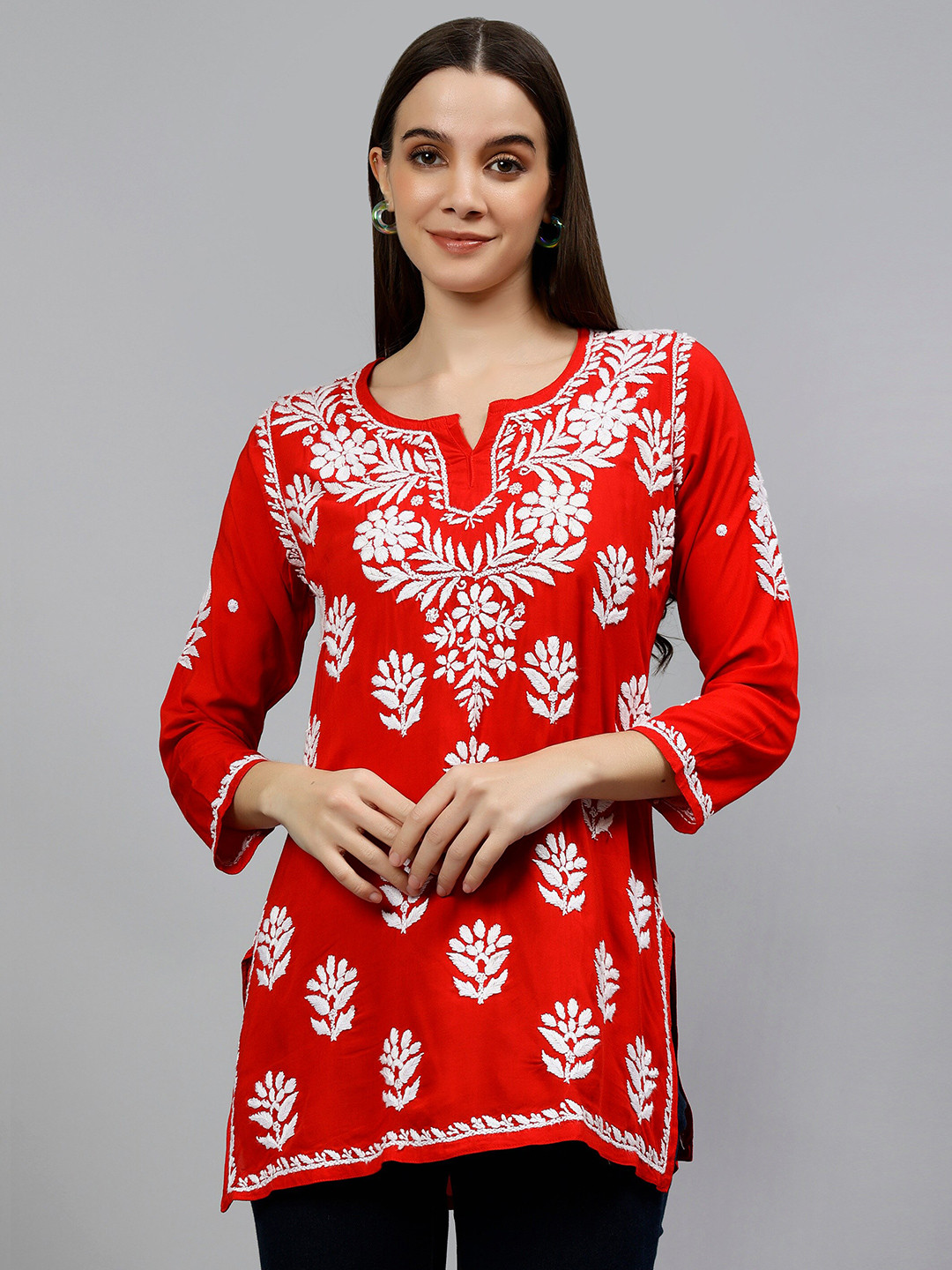 

Seva Chikan Floral Embroidered Modal Lucknowi Chikankari Kurti, Red