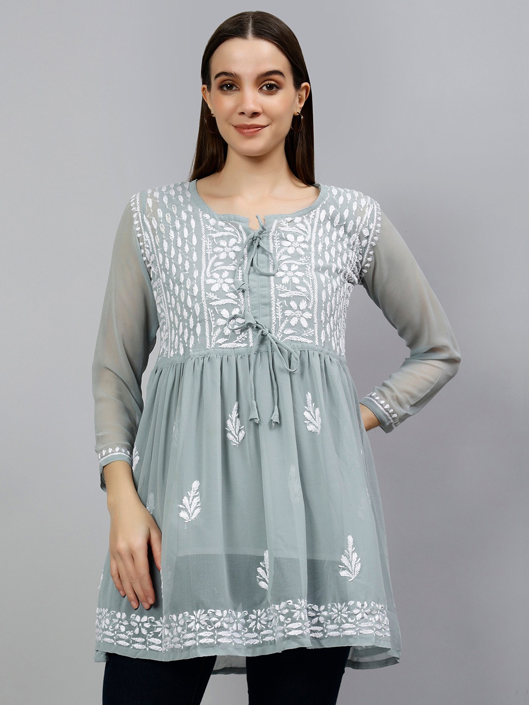 

Seva Chikan Ethnic Motifs Embroidered Lucknowi Chikankari A- Line Kurti With Inner Slip, Grey