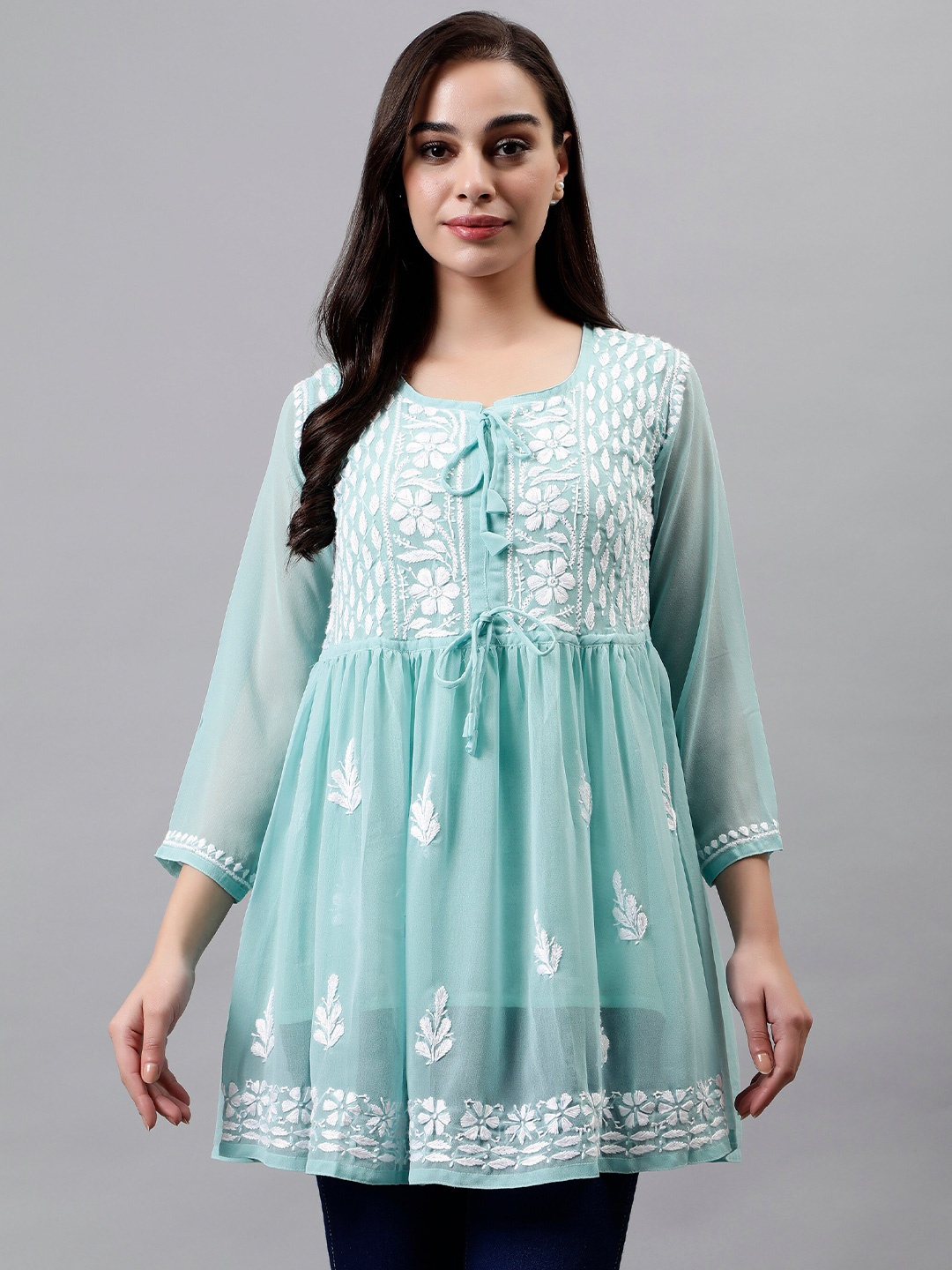 

Seva Chikan Ethnic Motifs Embroidered Chikankari A-Line Kurti With Inner, Turquoise blue