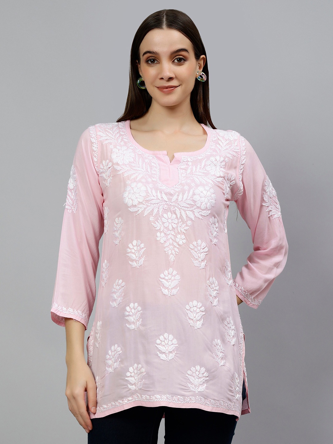 

Seva Chikan Lucknowi Chikankari Modal Straight Kurti, Pink
