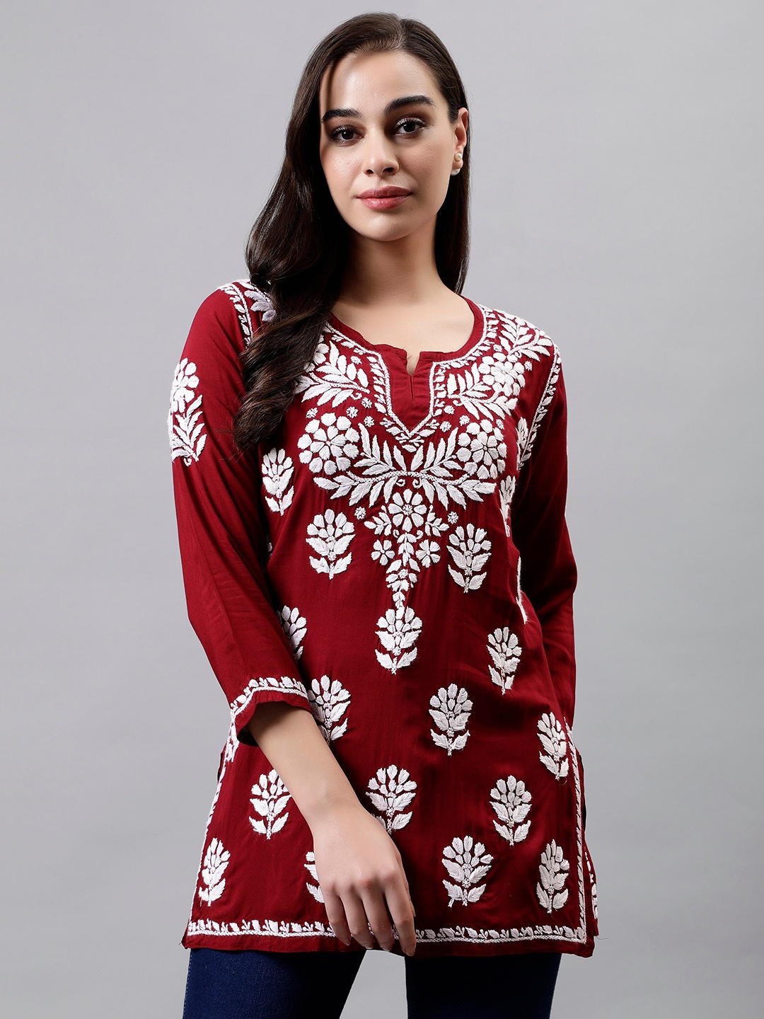 

Seva Chikan Lucknowi Chikankari Modal Straight Kurti, Maroon