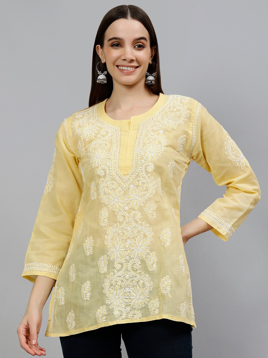

Seva Chikan Lucknowi Chikankari Terivoil Cotton Straight Kurti, Beige