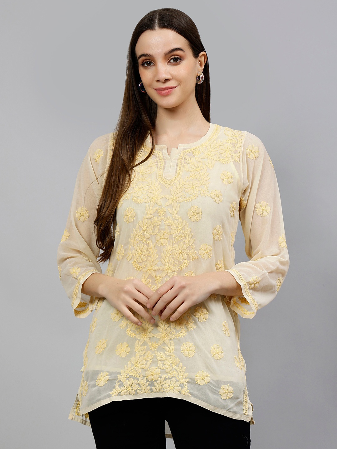 

Seva Chikan Floral Embroidered Chikankari Straight Kurti With Inner, Beige