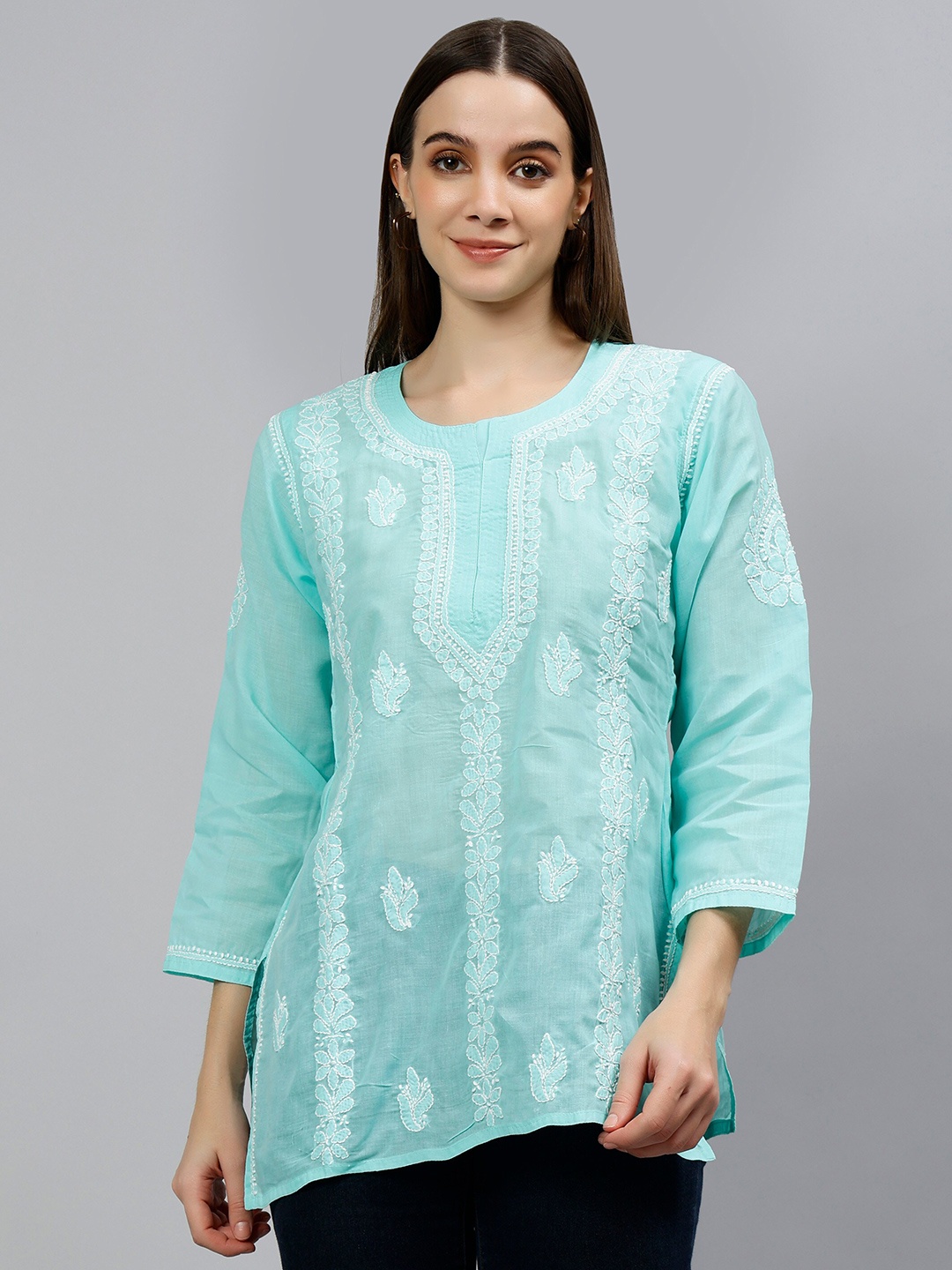 

Seva Chikan Ethnic Motifs Embroidered Lucknowi Chikankari Kurti, Sea green