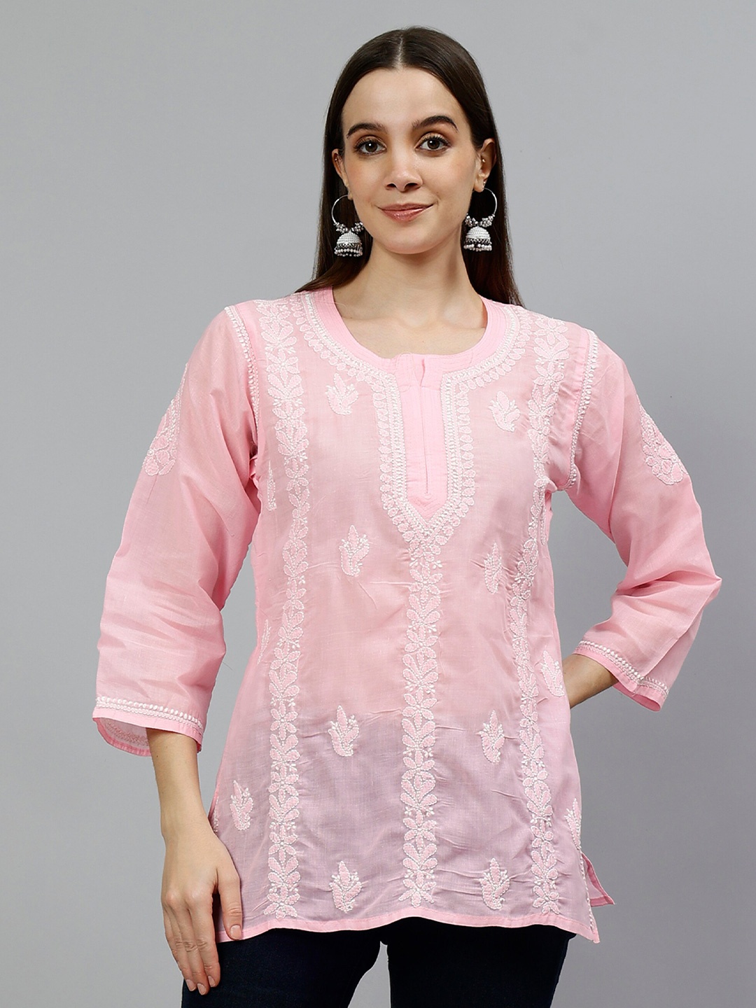

Seva Chikan Ethnic Motifs Embroidered Chikankari Straight Kurti, Pink