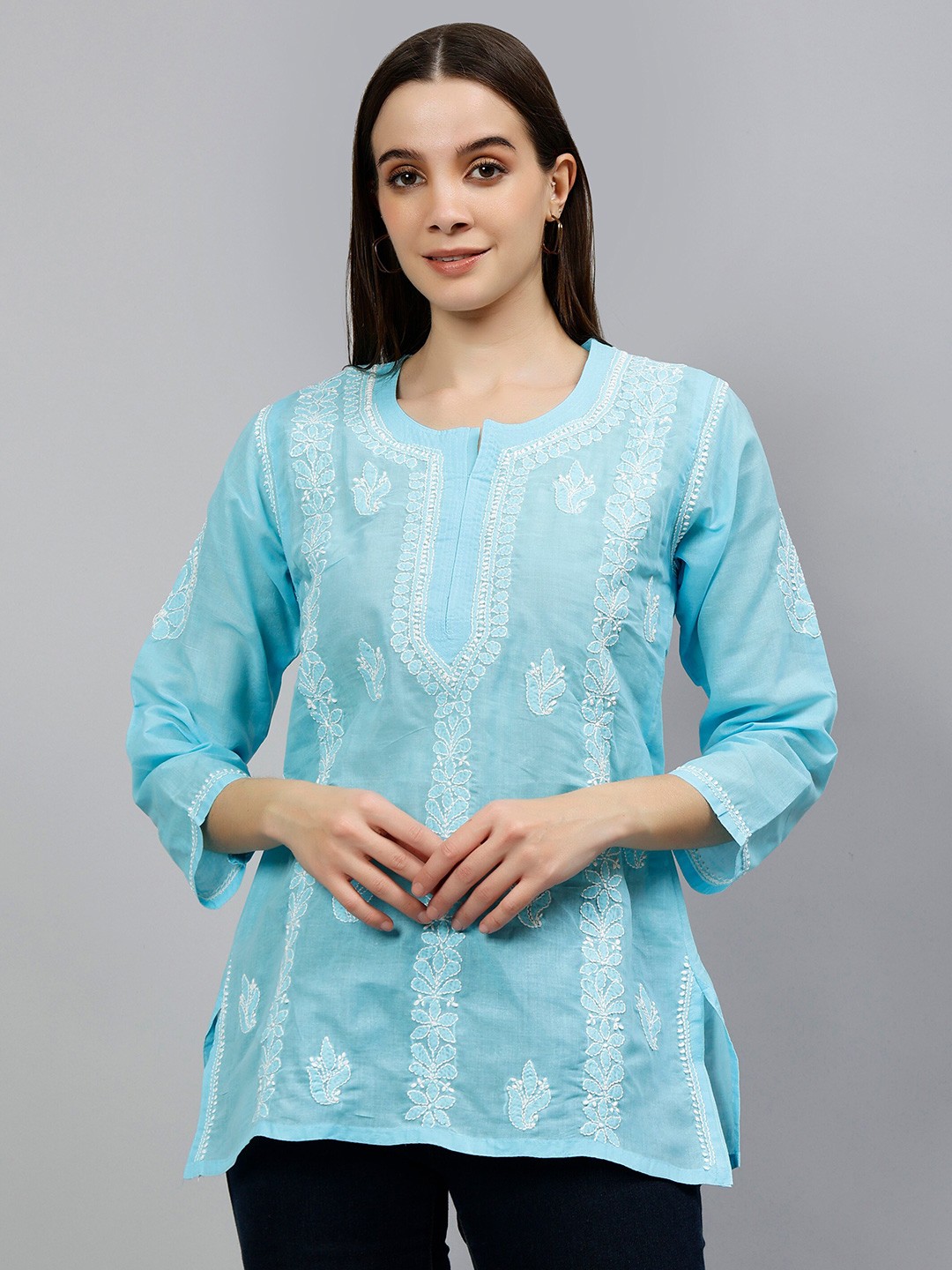 

Seva Chikan Ethnic Motifs Embroidered Chikankari Straight Kurti, Blue
