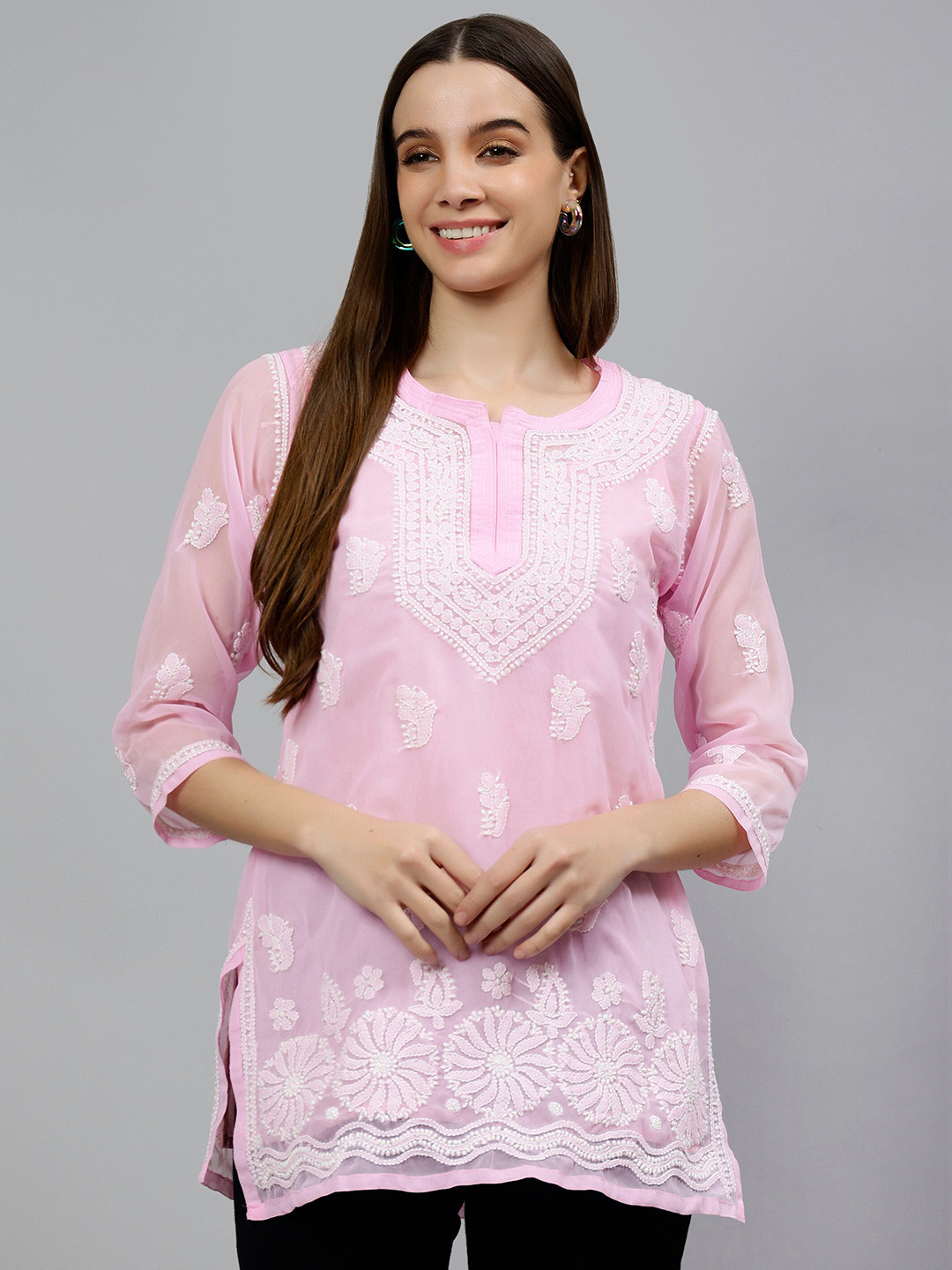 

Seva Chikan Ethnic Motifs Embroidered Chikankari Straight Kurti With Inner, Pink