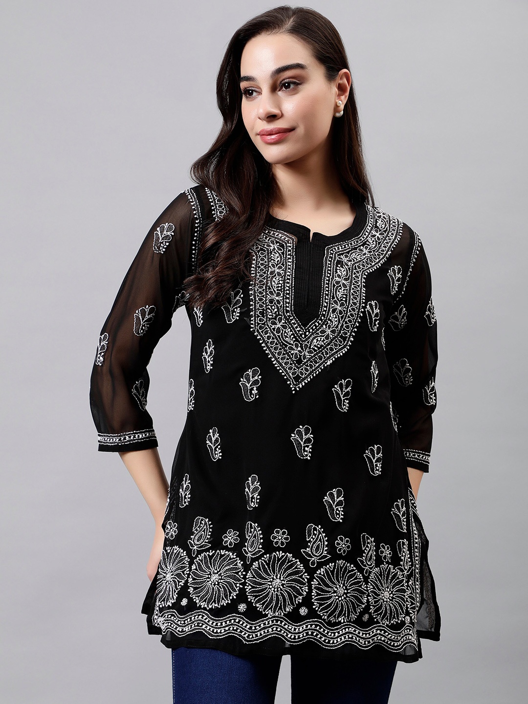 

Seva Chikan Ethnic Motifs Embroidered Georgette Chikankari Straight Kurti, Black