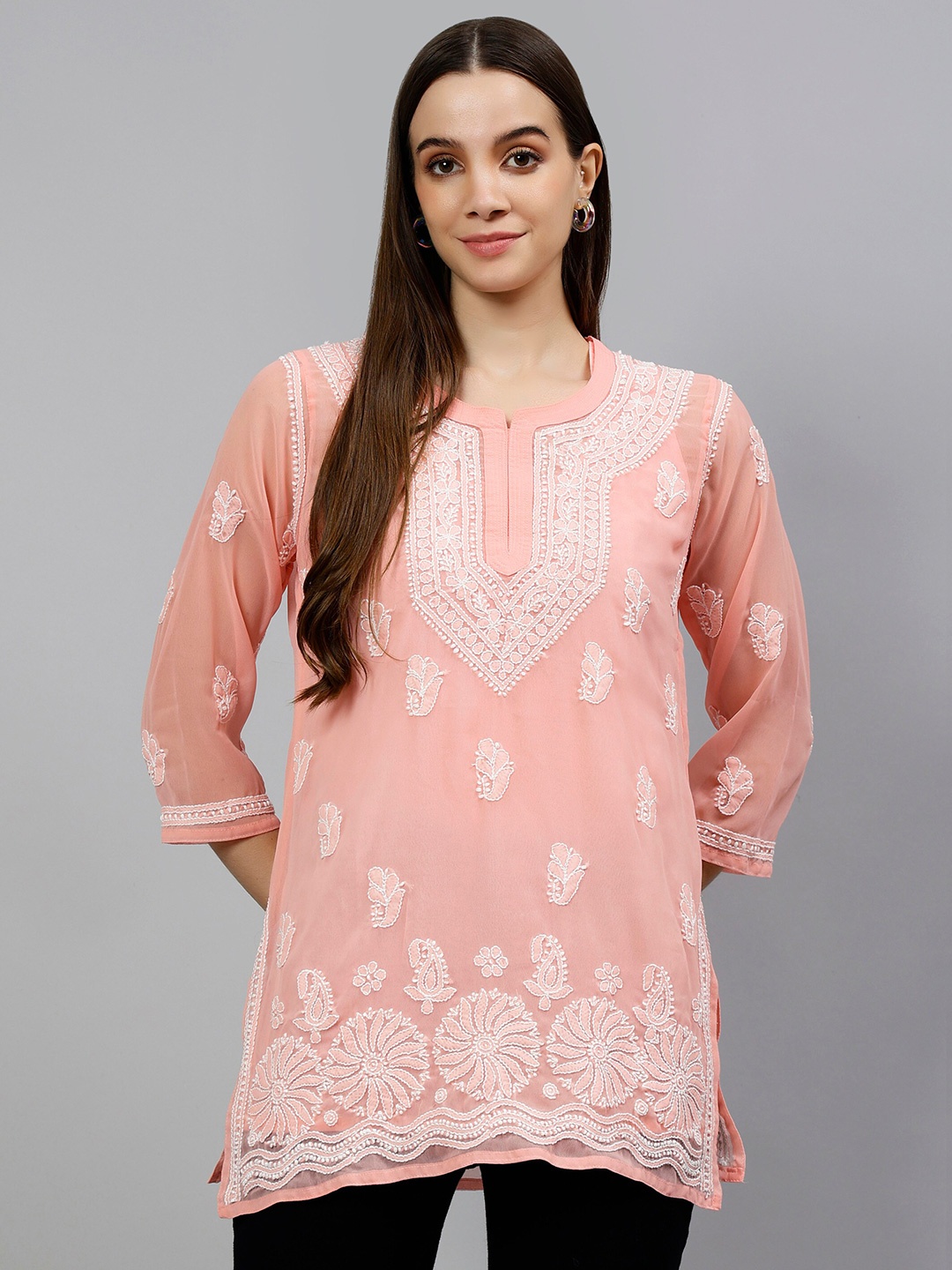 

Seva Chikan Ethnic Motifs Embroidered Lucknowi Chikankari Straight Kurti With Inner Slip, Peach