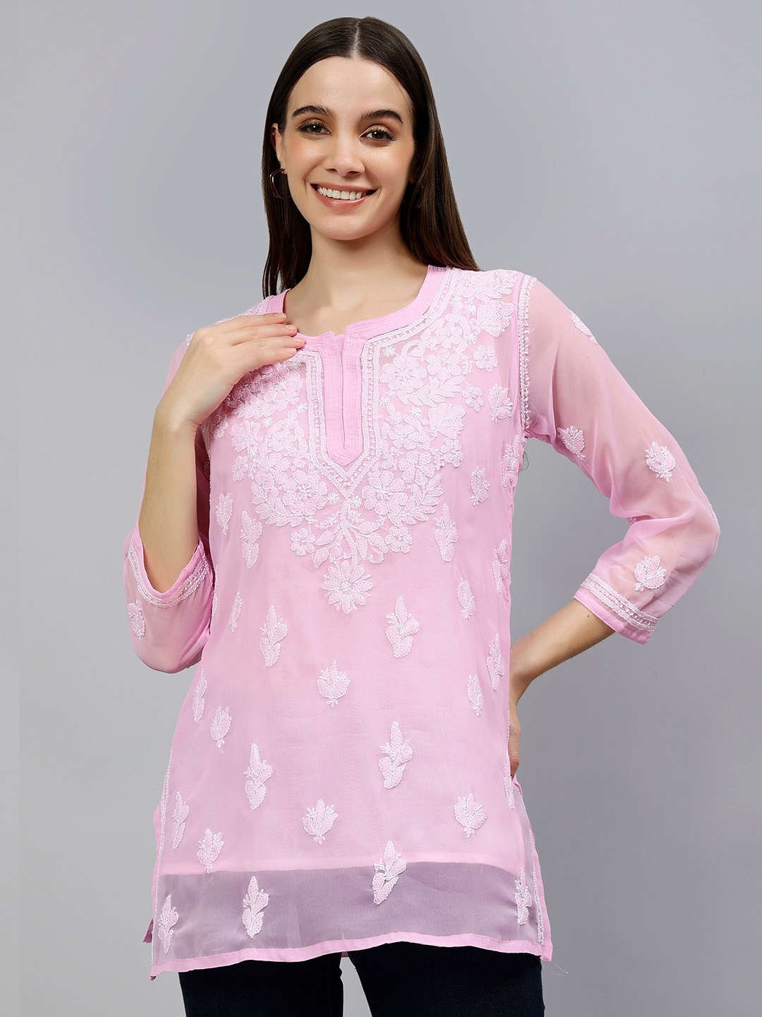 

Seva Chikan Ethnic Motifs Embroidered Chikankari A-Line Kurti With Inner, Pink