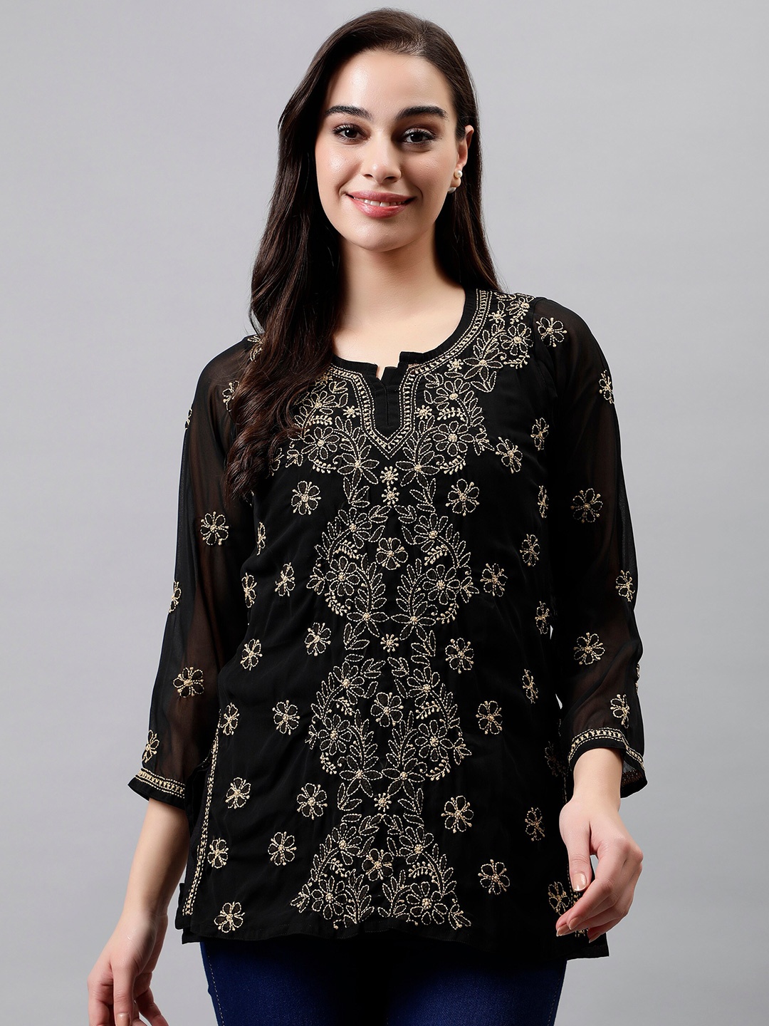 

Seva Chikan Floral Embroidered Georgette Lucknowi Chikankari Straight Kurti, Black