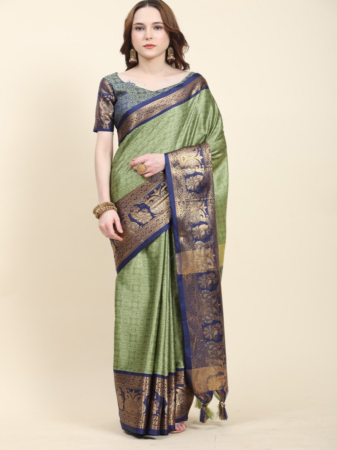 

faxofab Ethnic Motifs Zari Silk Cotton Banarasi Saree, Green