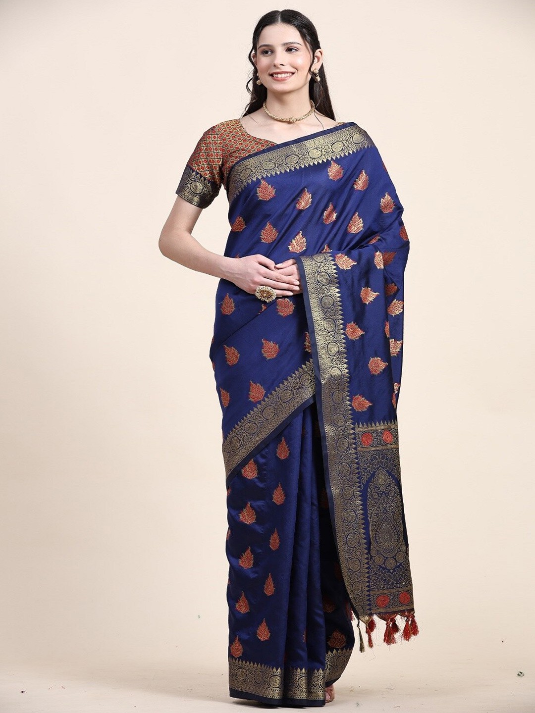 

faxofab Ethnic Motifs Pure Silk Banarasi Zari Saree, Navy blue