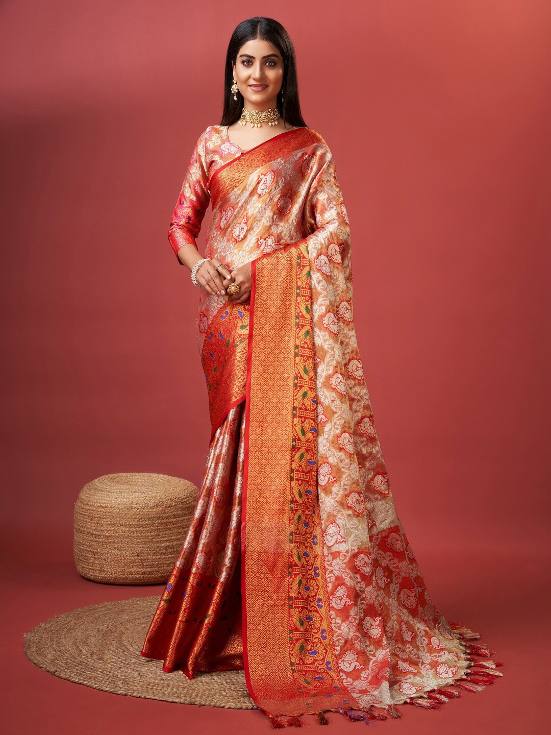 

faxofab Ethnic Motifs Woven Design Zari Organza Banarasi Saree, Red