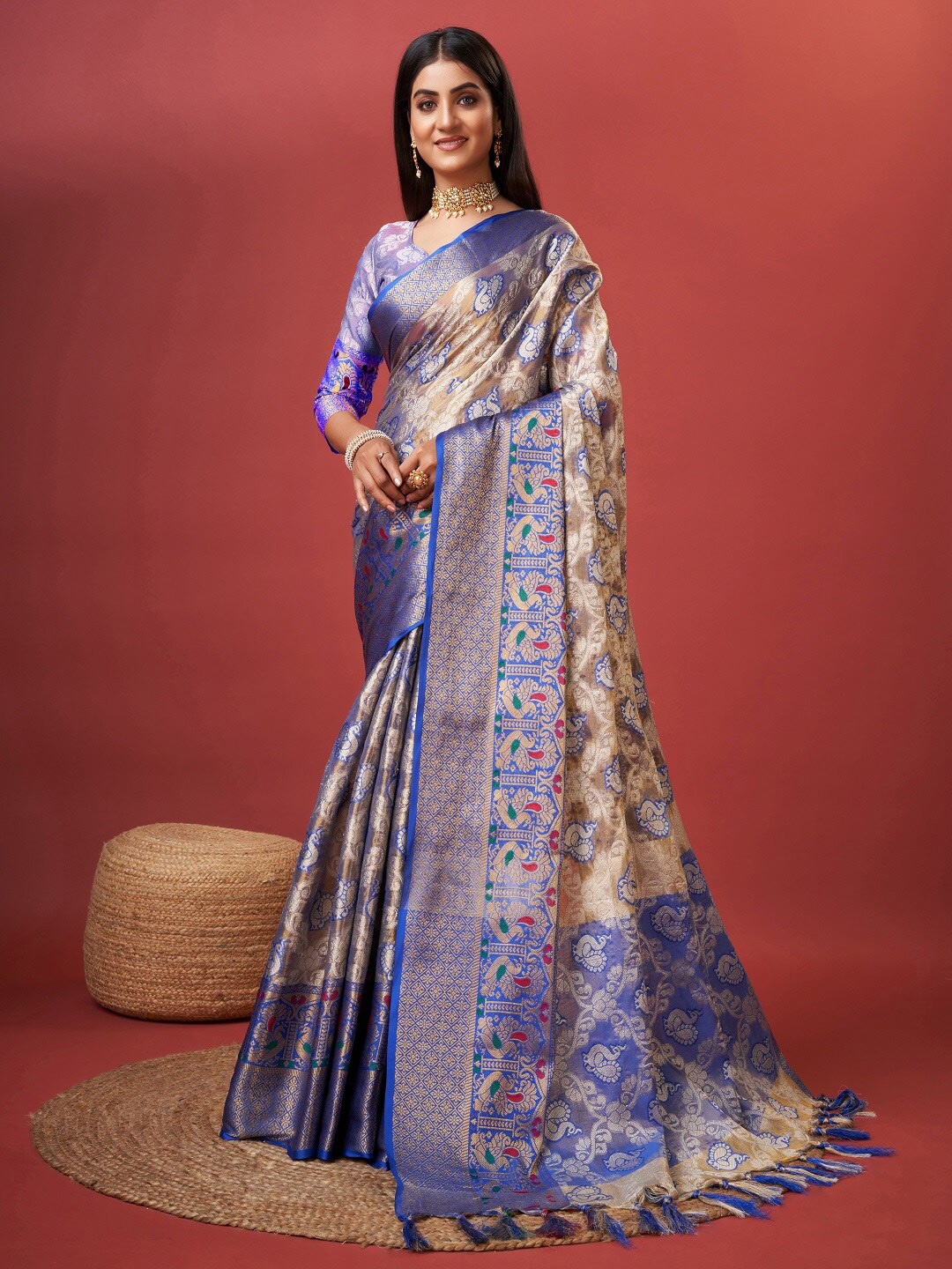 

faxofab Ethnic Motifs Woven Design Zari Organza Banarasi Saree, Blue
