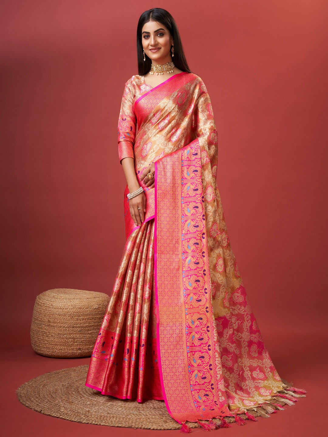 

faxofab Ethnic Motifs Woven Design Zari Organza Banarasi Saree, Pink