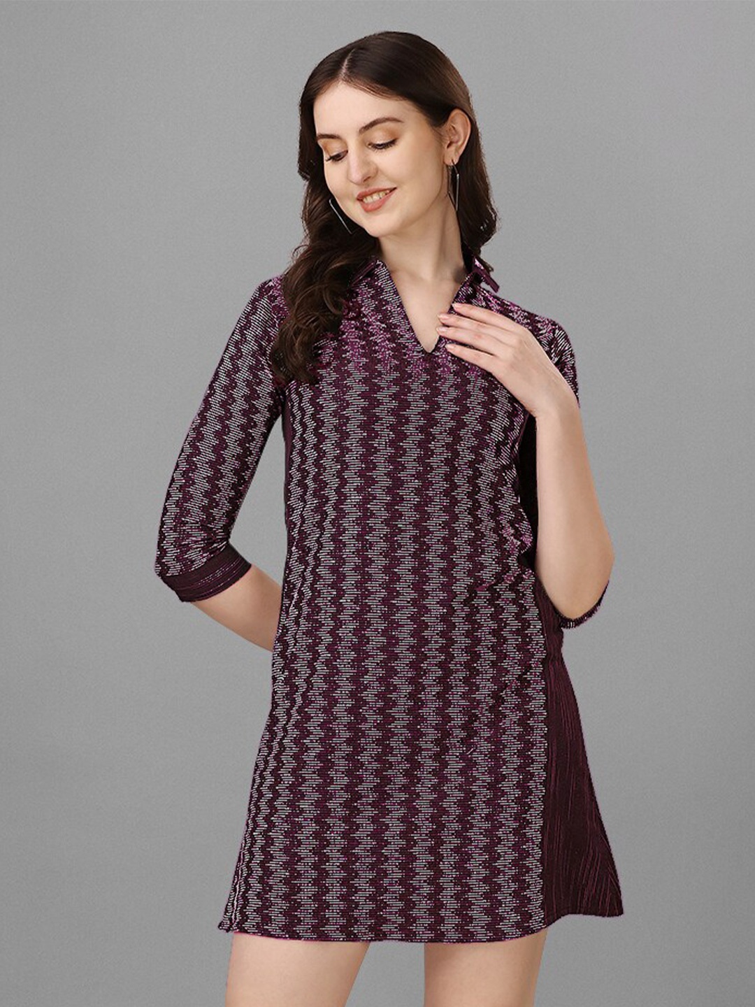 

WILNERCROWN Geometric Printed Shirt Collar Cotton A-Line Dress, Maroon