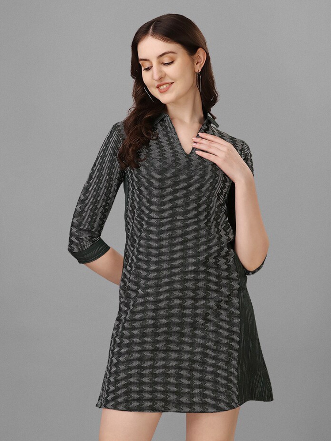 

WILNERCROWN Striped Shirt Collar Three-Quarter Sleeves A-Line Cotton Dress, Green