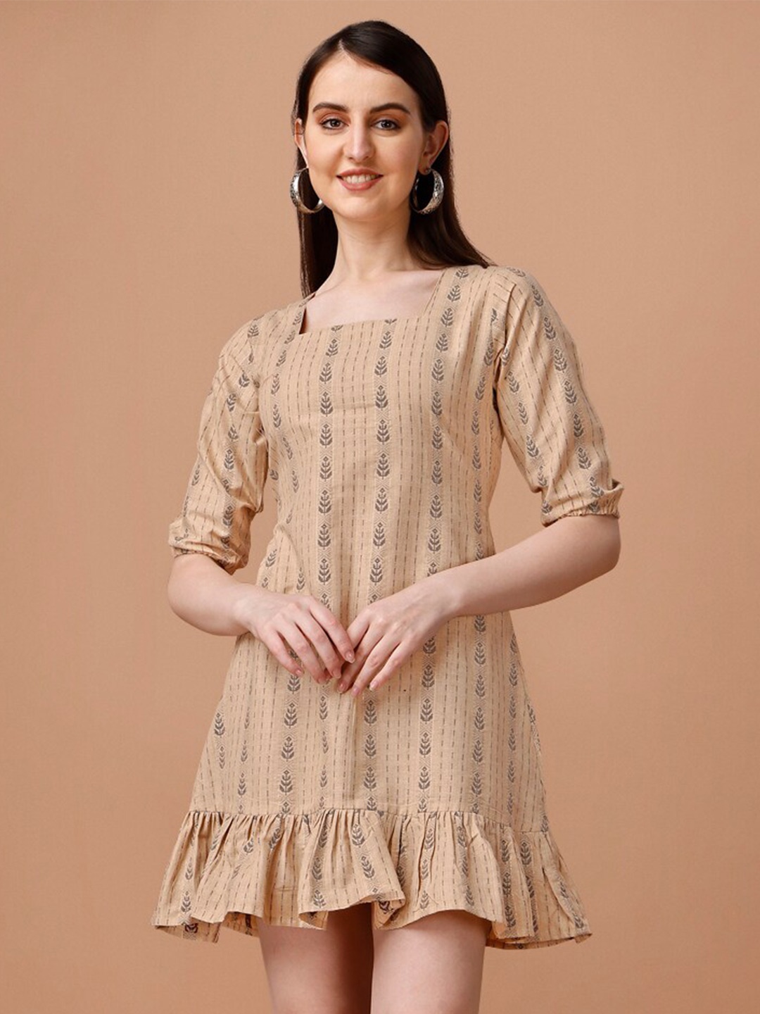 

WILNERCROWN Printed Square Neck A-Line Dress, Coffee brown