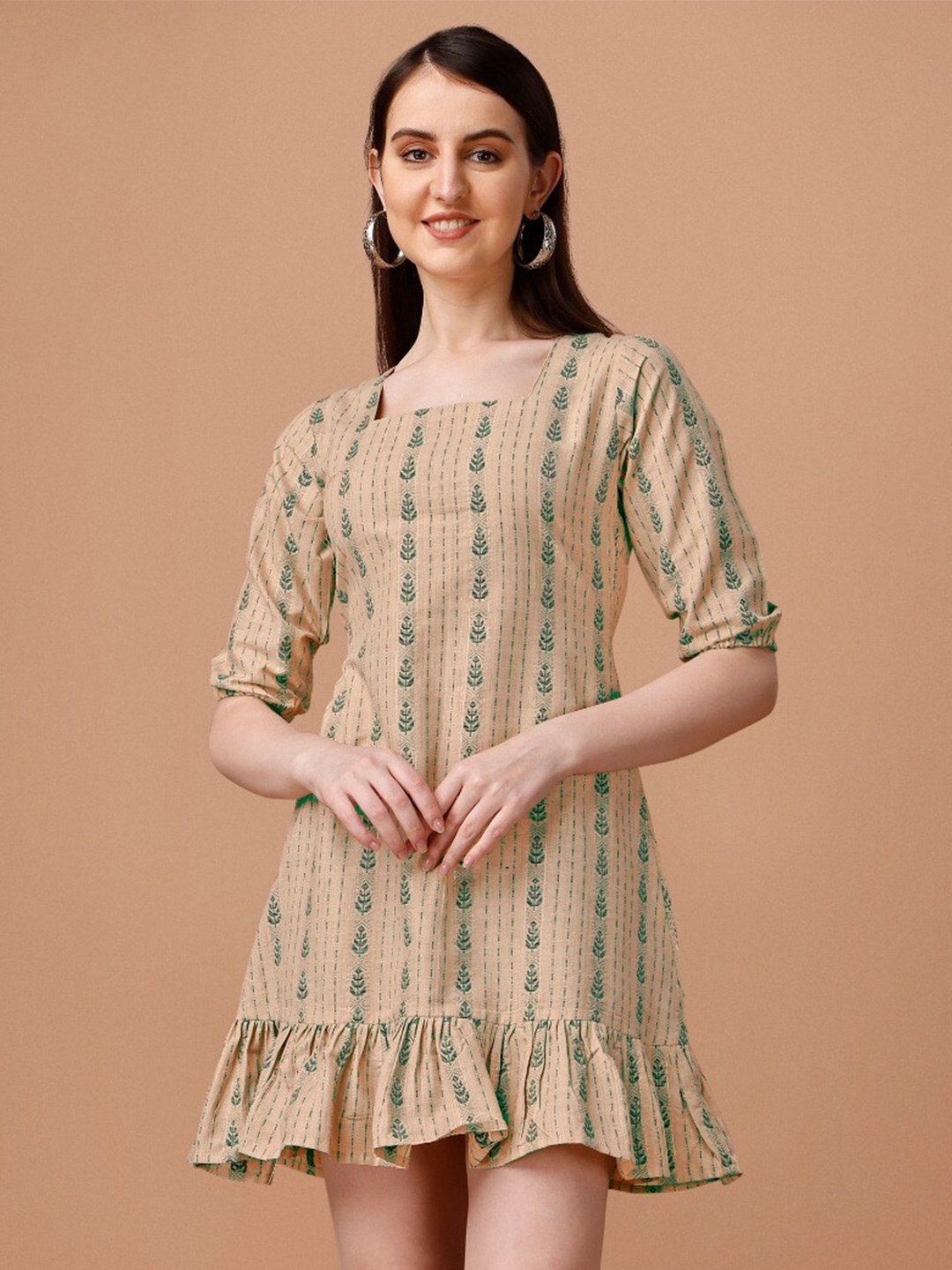 

WILNERCROWN Printed Square Neck A-Line Dress, Green