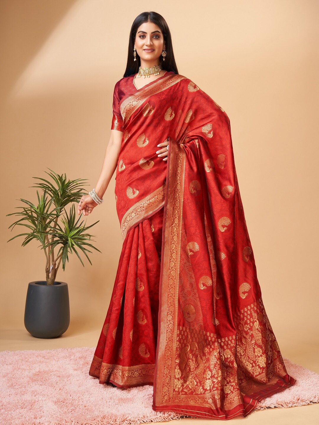 

faxofab Ethnic Motifs Woven Design Zari Banarasi Saree, Red