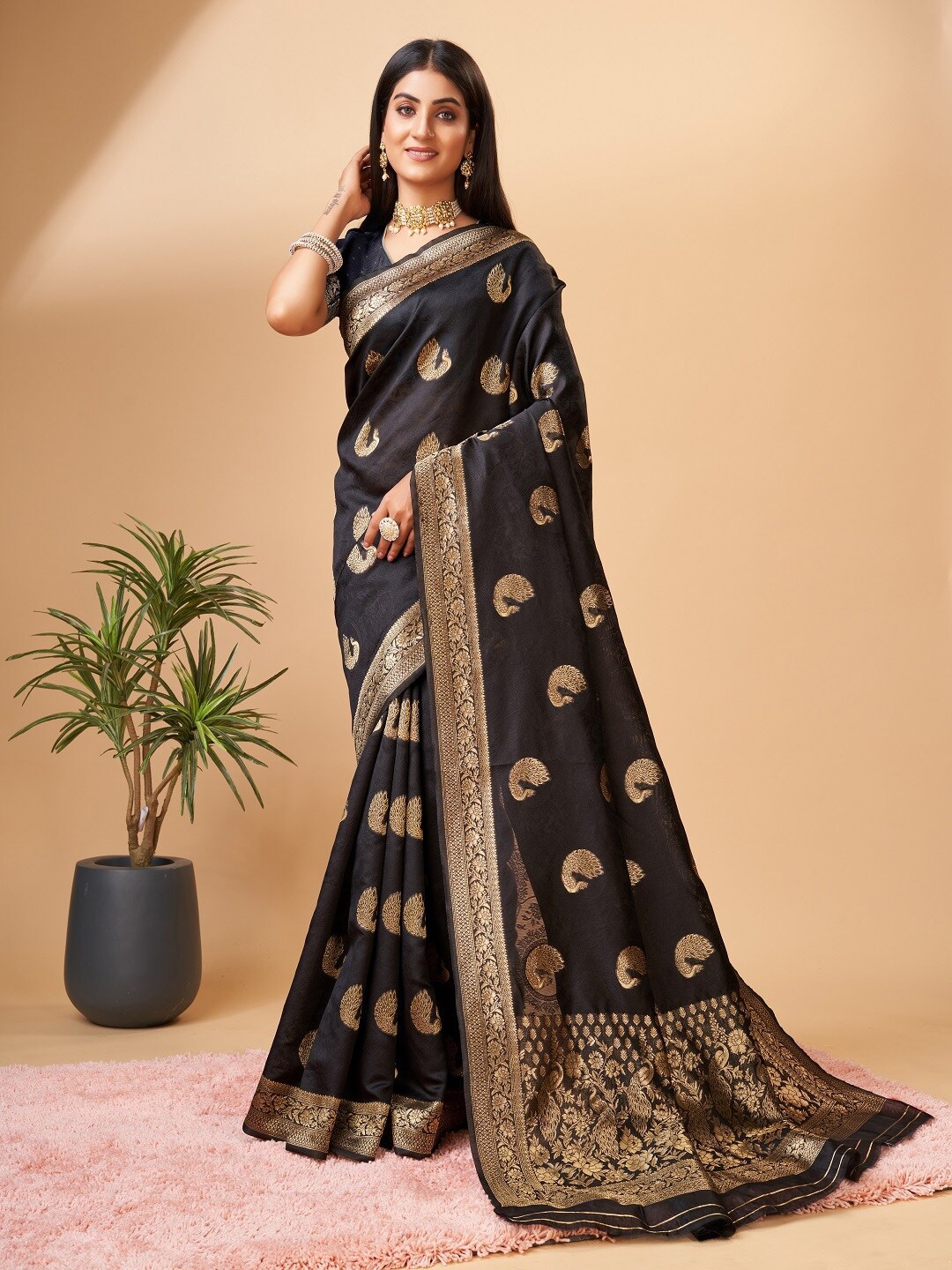 

faxofab Ethnic Motifs Woven Design Zari Banarasi Saree, Black