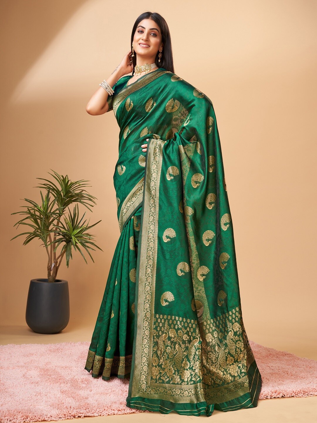 

faxofab Ethnic Motifs Zari Banarasi Saree, Green