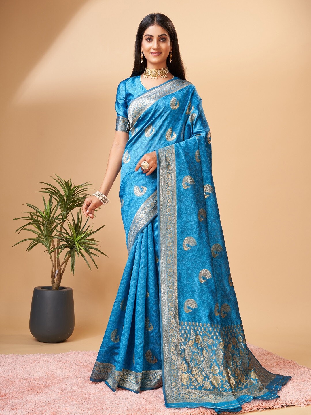 

faxofab Ethnic Motifs Woven Design Zari Banarasi Saree, Blue