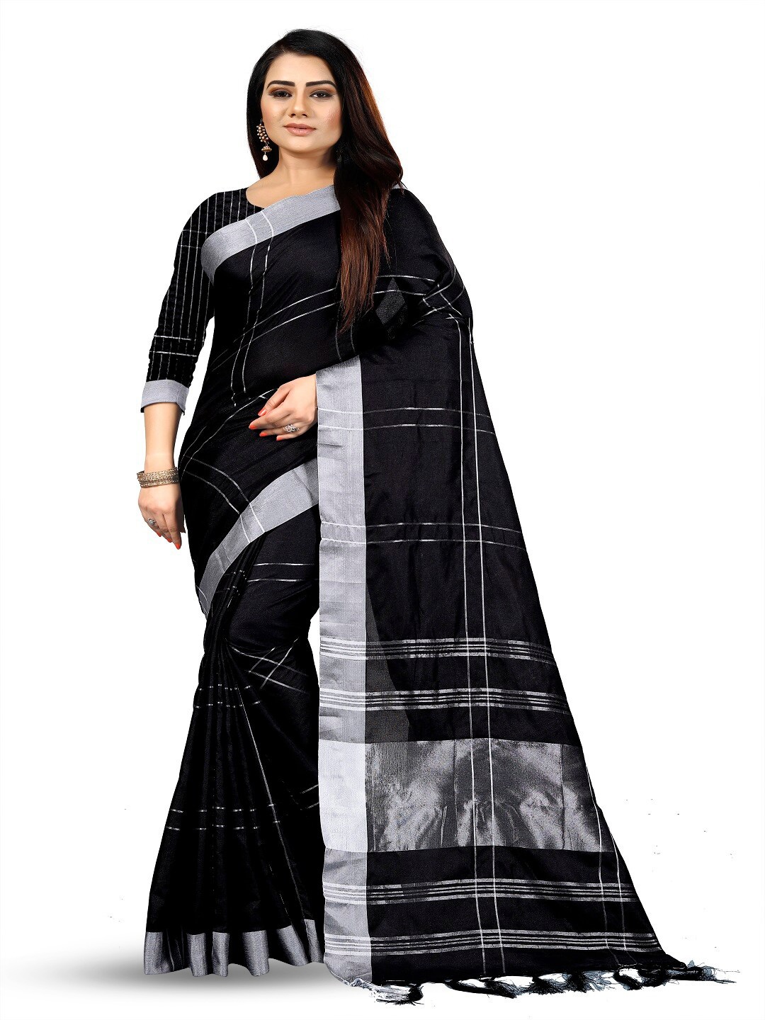 

faxofab Striped Zari Silk Cotton Banarasi Saree, Black