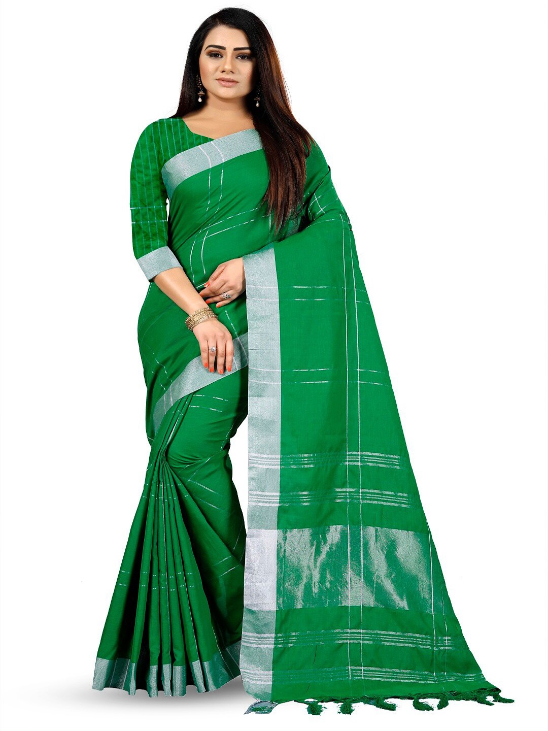 

faxofab Ethnic Woven Design Zari Silk Cotton Banarasi Saree, Green