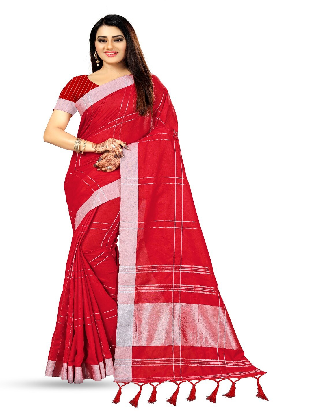 

faxofab Checked Zari Silk Cotton Banarasi Saree, Red