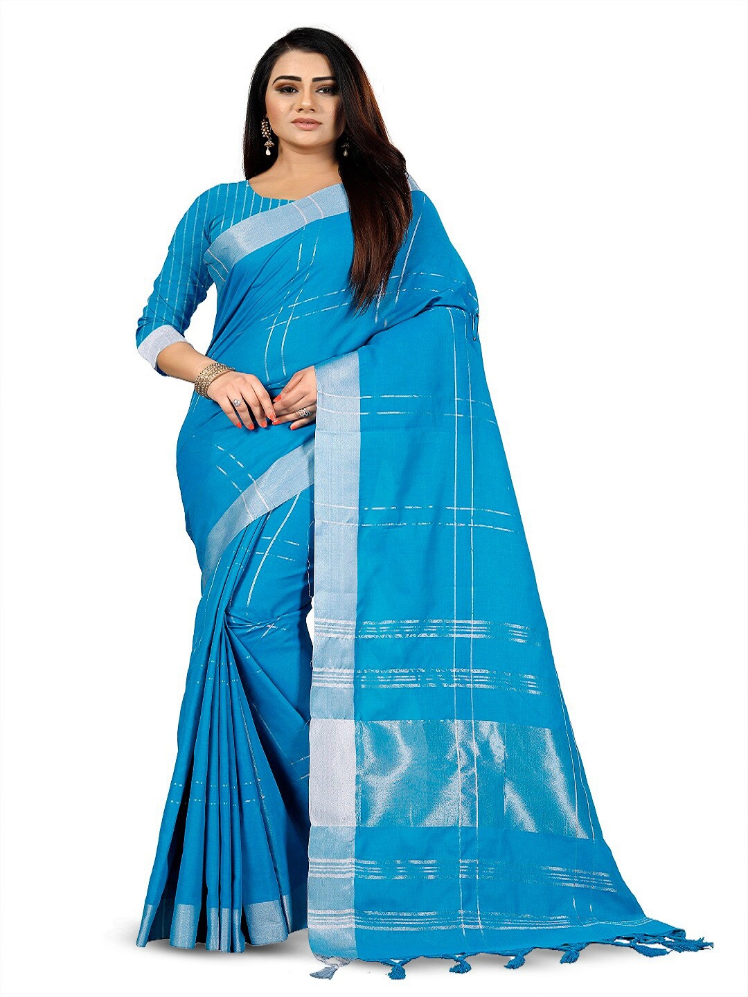 

faxofab Ethnic Woven Design Zari Silk Cotton Banarasi Saree, Turquoise blue