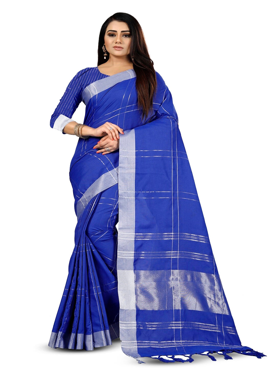 

faxofab Checked Zari Silk Cotton Banarasi Saree, Blue