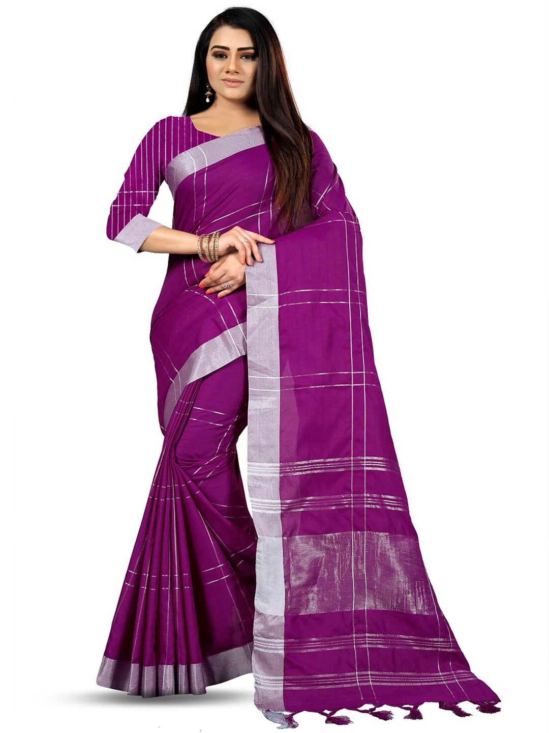 

faxofab Woven Design Zari Silk Cotton Banarasi Saree, Purple