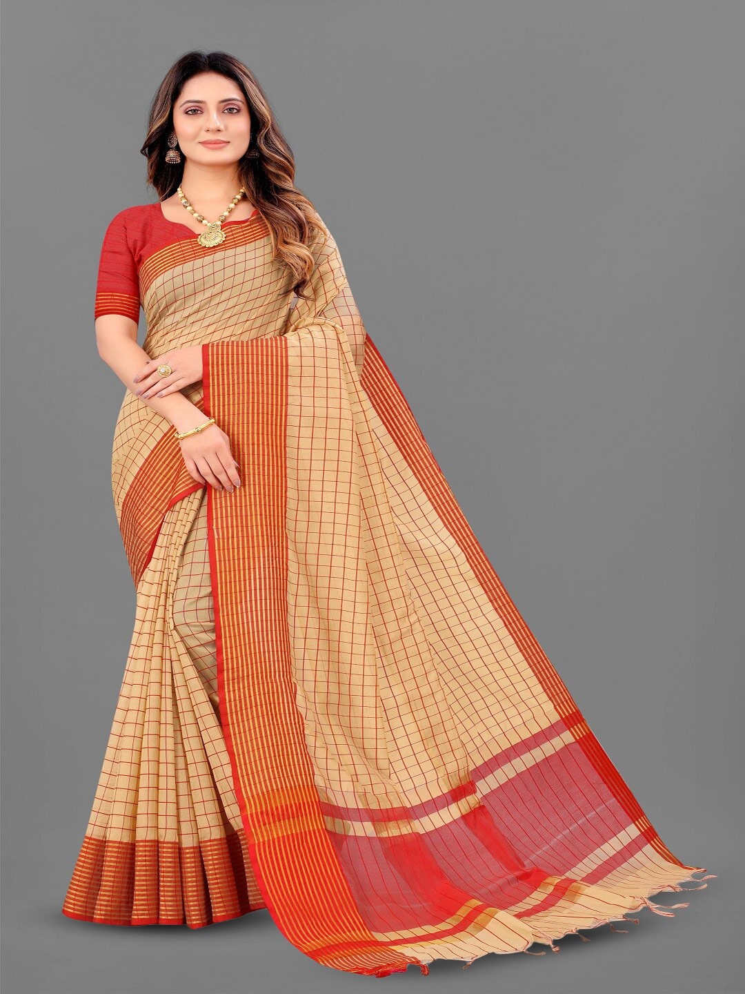 

faxofab Checked Zari Silk Cotton Banarasi Saree, Orange