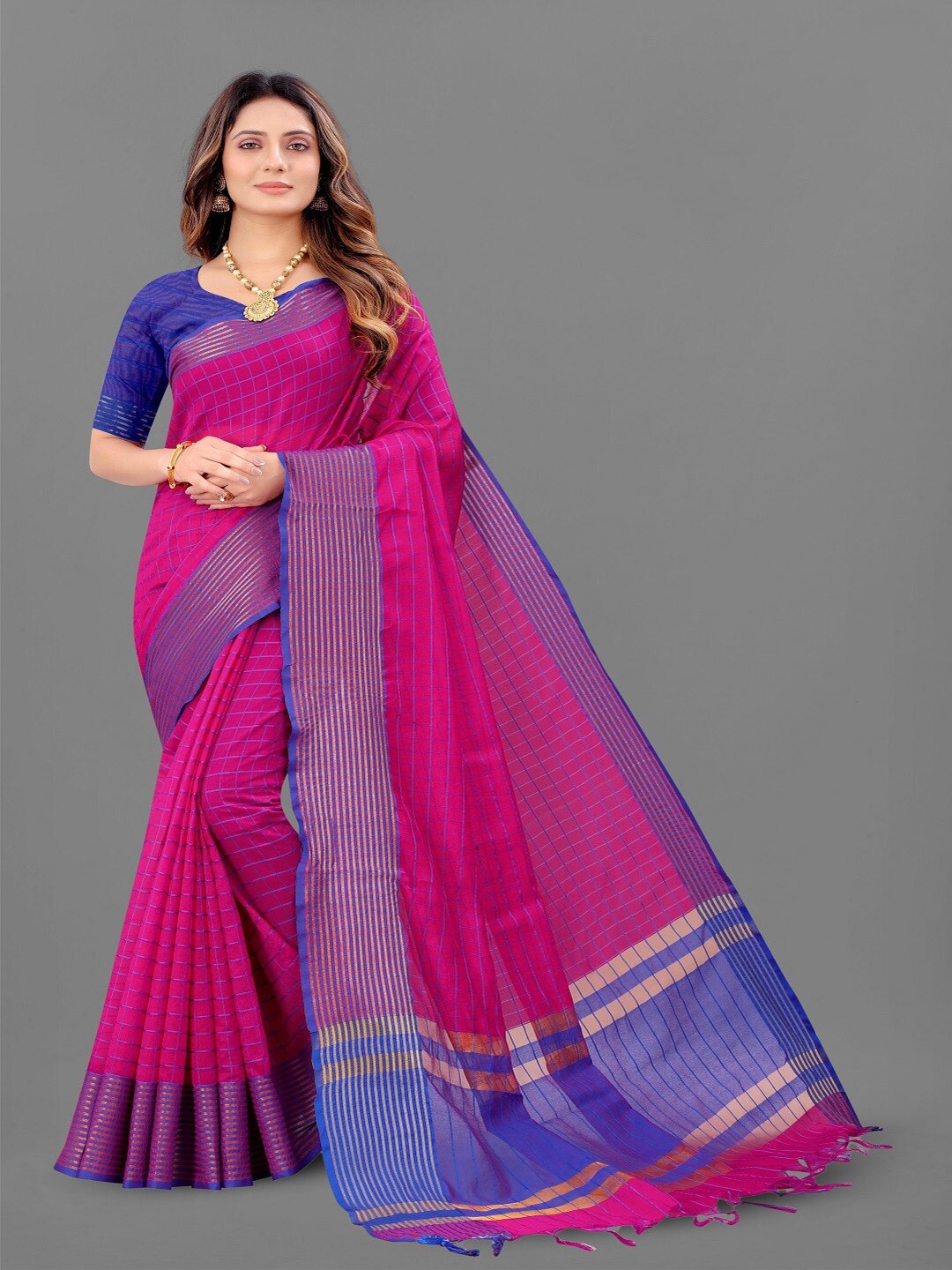 

faxofab Checked Woven Design Zari Silk Cotton Banarasi Saree, Pink