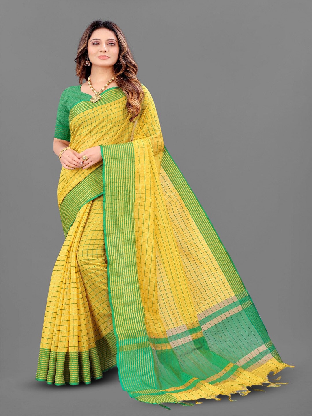 

faxofab Ethnic Woven Design Zari Silk Cotton Banarasi Saree, Yellow