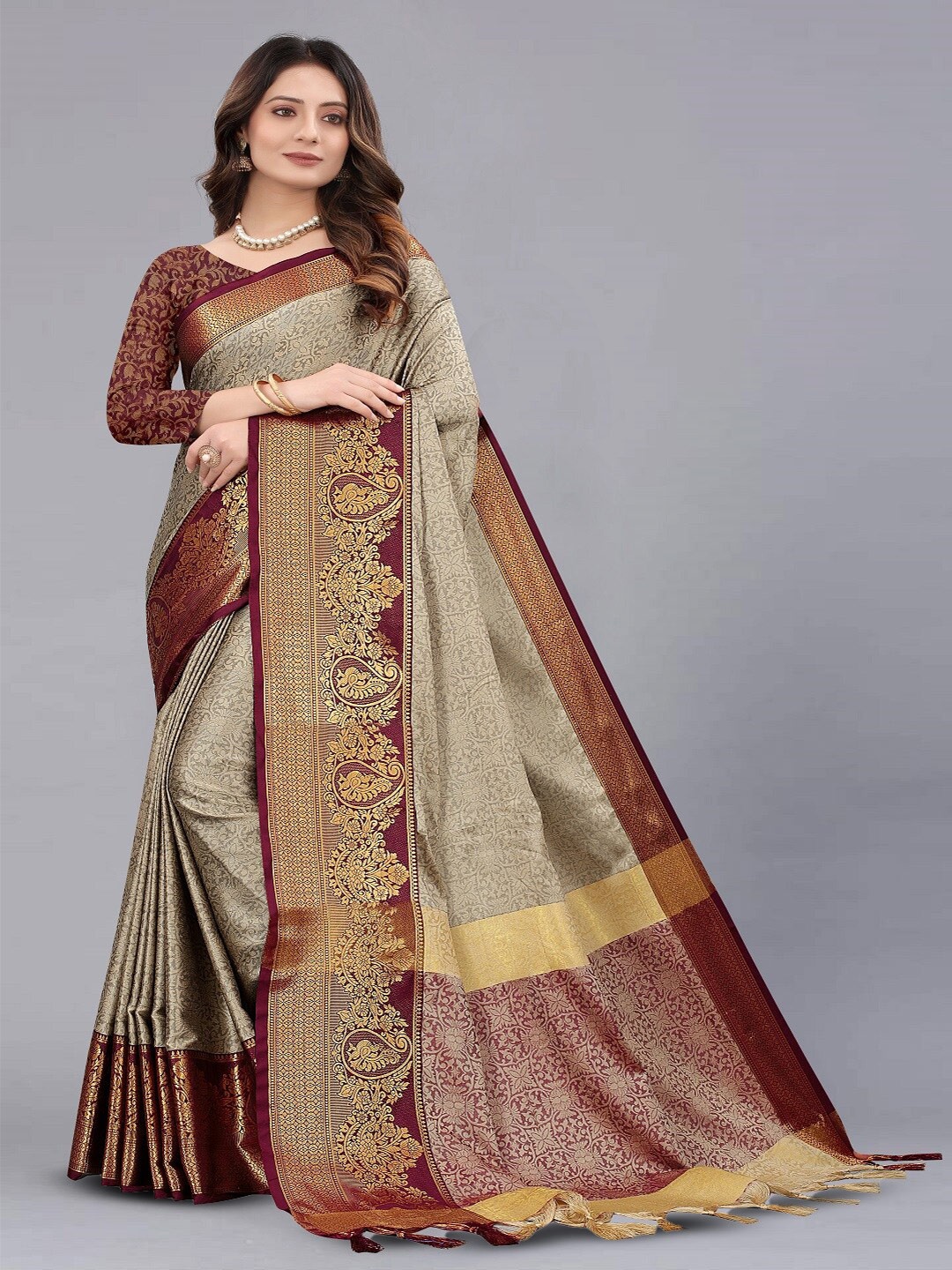 

faxofab Ethnic Motifs Woven Design Silk Cotton Banarasi Zari Saree, Beige