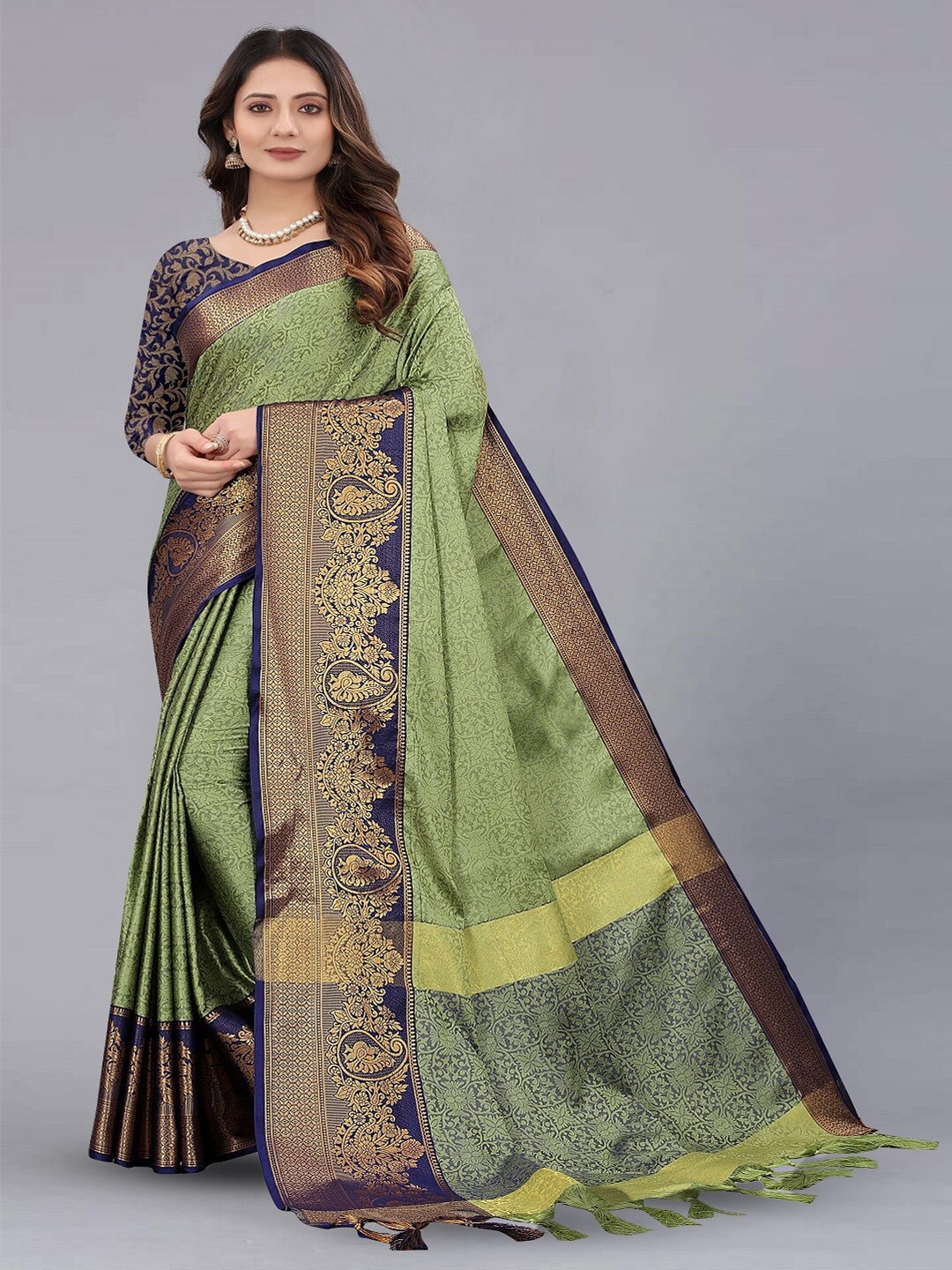 

faxofab Ethnic Motifs Woven Design Silk Cotton Banarasi Zari Saree, Green