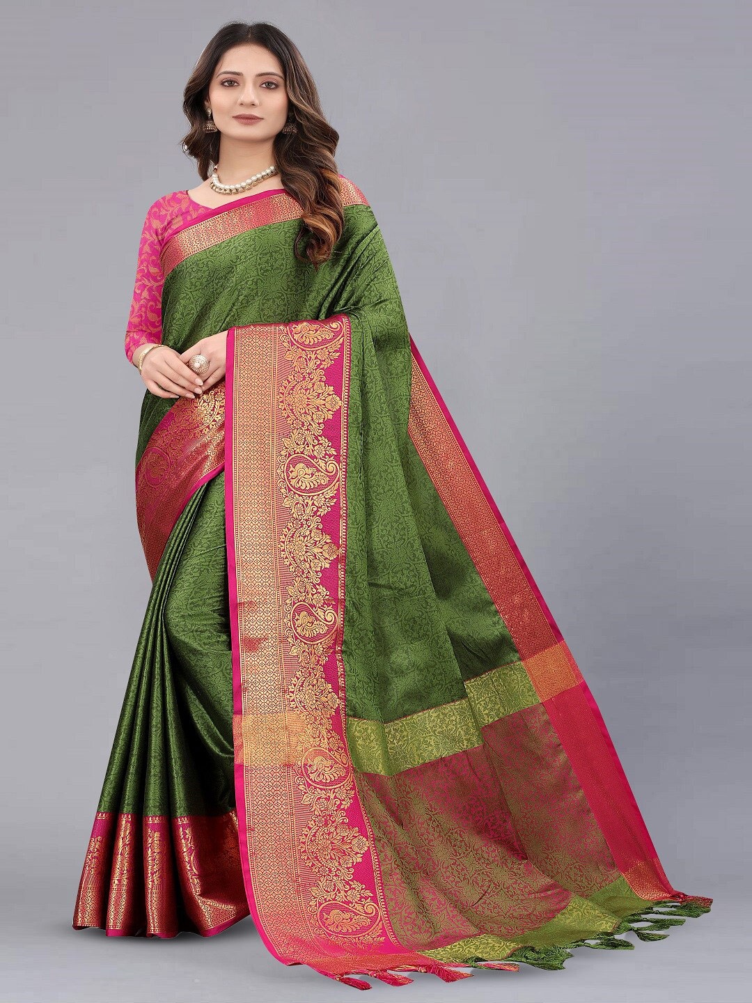 

faxofab Ethnic Motifs Woven Design Silk Cotton Banarasi Zari Saree, Green