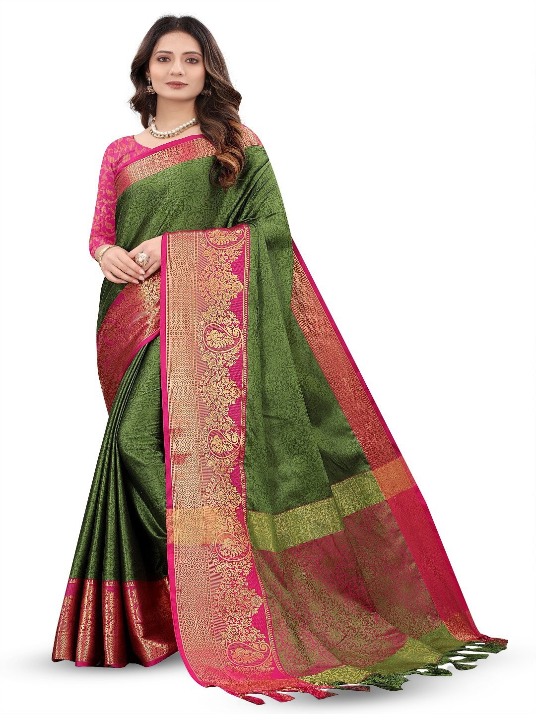 

faxofab Ethnic Woven Design Zari Silk Cotton Banarasi Saree, Sea green