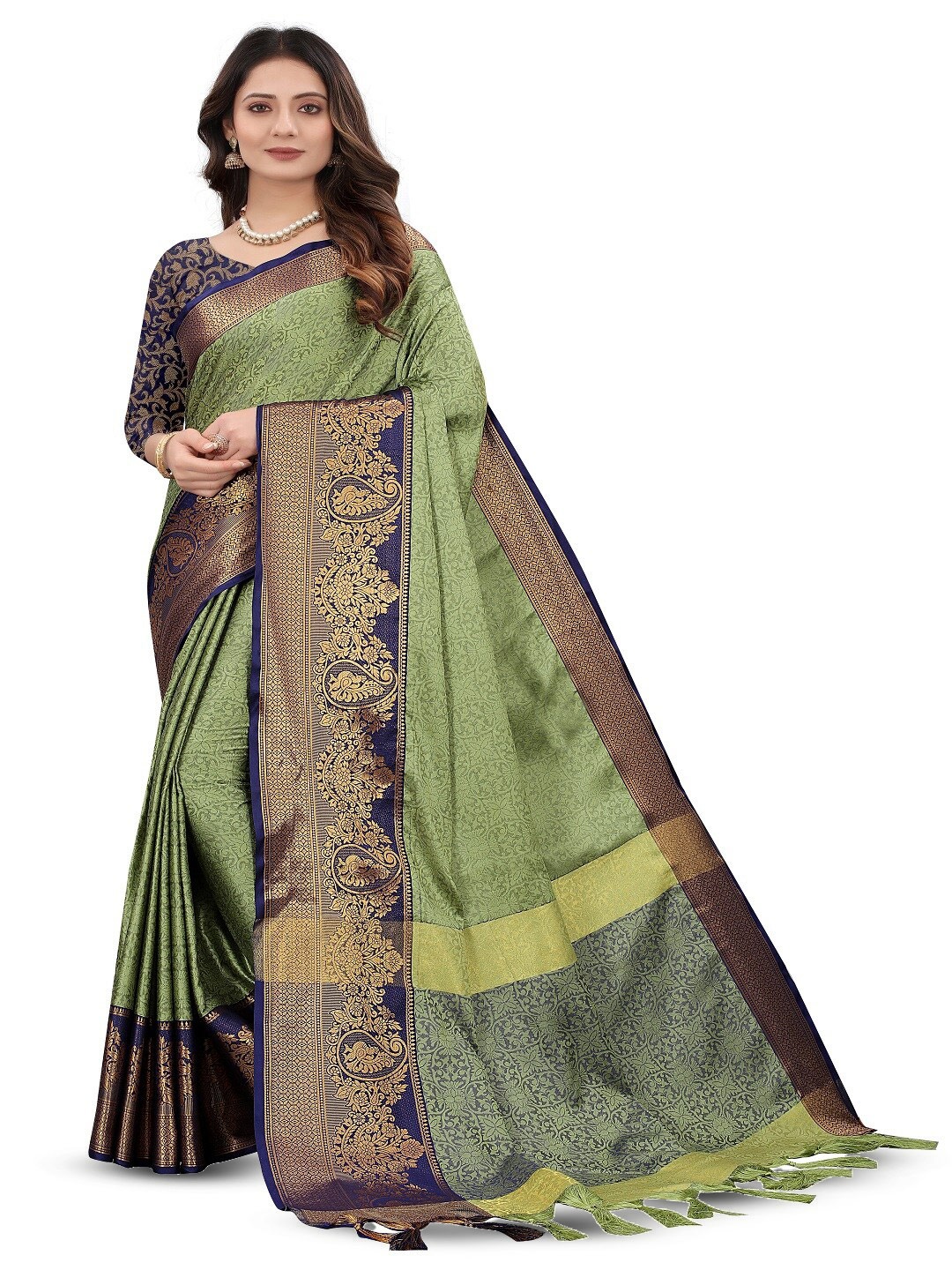 

faxofab Ethnic Woven Design Zari Silk Cotton Banarasi Saree, Green