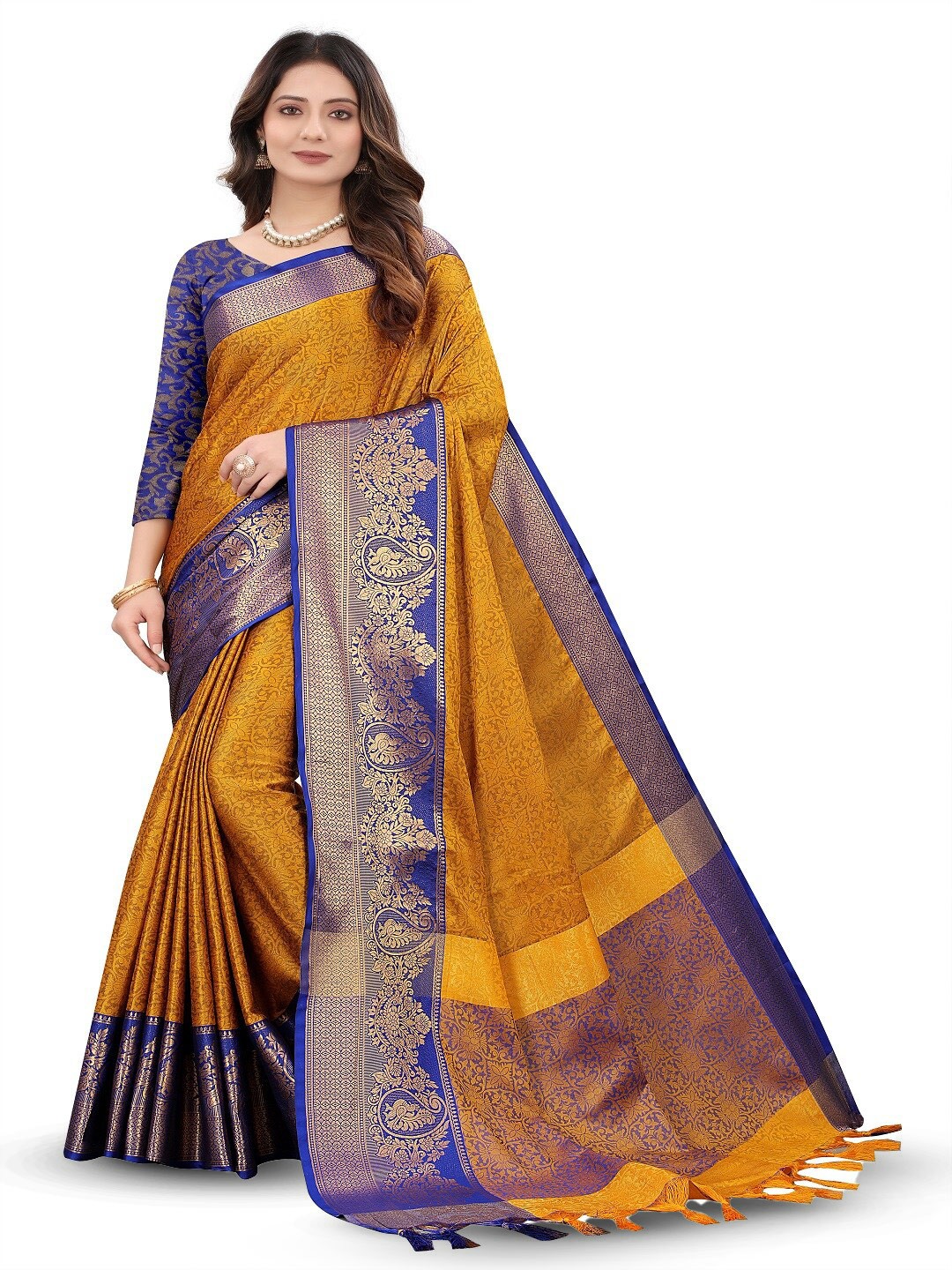 

faxofab Woven Design Ethnic Motifs Zari Silk Cotton Banarasi Saree, Mustard
